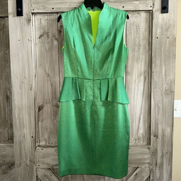 Tahari Peplum Waist Ruffle Pencil Dress Vibrant Green - Picture 1 of 10